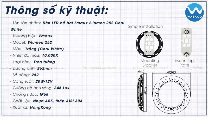 thông số đèn LED bể bơi Emaux E-lumen 252 Cool White