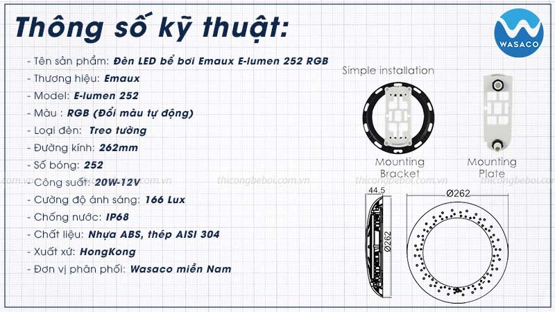 thông số đèn LED bể bơi Emaux E-lumen 252 RGB