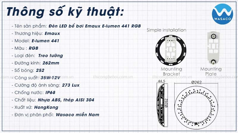 thông số đèn LED bể bơi Emaux E-lumen 441 RGB